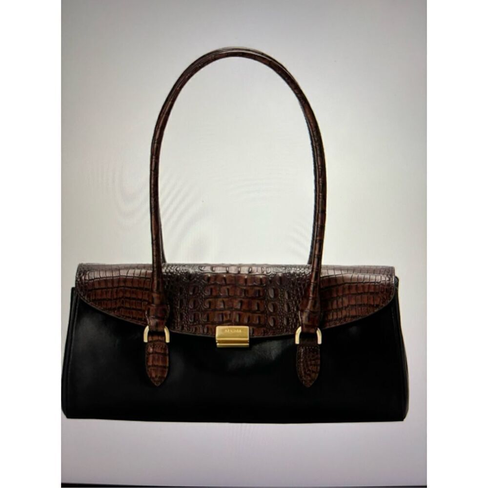 Brahmin Brown Croc-Textured & Black Leather Satchel
